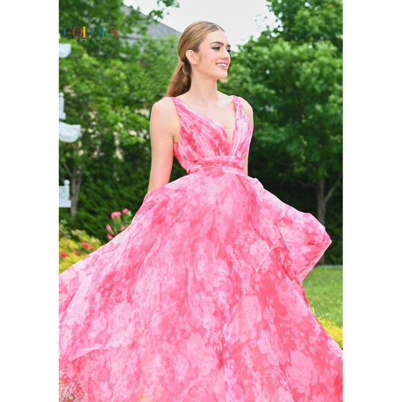 NEW Pink Floral Ruffled Chiffon Prom Dress 16 - Picture 4 of 10